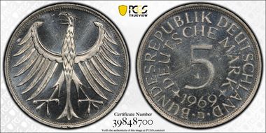 1969-D 5 Mk Regular Issue J-387 MS65