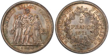 1871-A 5 Fr Trident Date serrée Gad-744 F-334 MS64