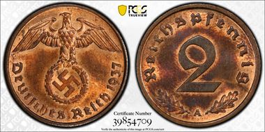 1937-A 2 Pfg J-362 MS64RB