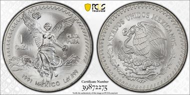 1991-Mo Onza Libertad Ag T2 - PLaTA PuRA MS67
