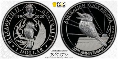 2020-P $1 Kookaburra Ag 30th Anniv. High Relief PR70DCAM