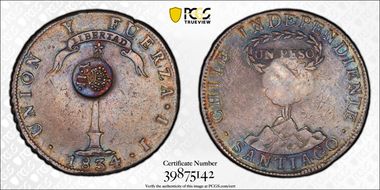 (1834-37) 8 R KM-108 C/M on Chile Peso XF40