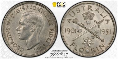 1951(m) Florin Jubilee KM-47  Ag AU58