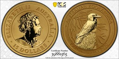 2020-P $15 Kookaburra 1/10thoz Au  30th Anniversary MS70