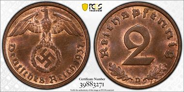 1937-D 2 Pfg J-362 MS64RB