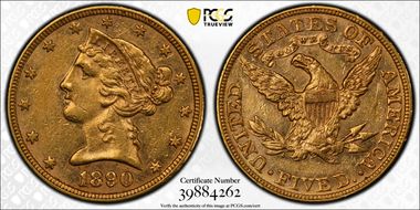 1890 $5 AU58