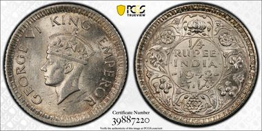 1942(C) 1/4 Rup SW-9.85 Prid-474 MS63