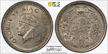 1943(B) 1/4 Rup SW-9.89 AU58