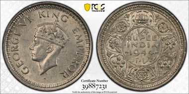 1944(B) 1/4 Rup SW-9.93 Rounded Lotus AU58