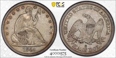 1844-O 50C Doubled Date AU50