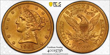 1901-S $5 AU58+