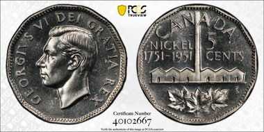 1951 5C Nickel Bicentennial MS66