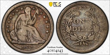 1838 10C No Drapery, Large Stars VG8