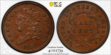 1832 1/2C AU58BN