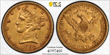 1882 $5 AU58