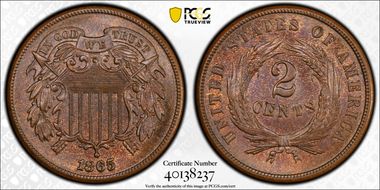 1865 2C Plain 5 MS65BN