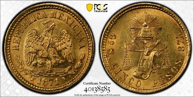 1871-Go S 5 Peso MS62