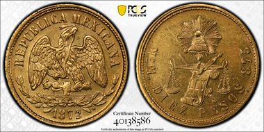 1872/1-Mo M/C 10 Peso AU58