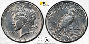 1921 $1 High Relief, Peace N1