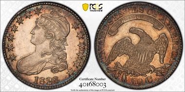 1828 50C Square 2, Small 8s, Lg. Letters AU58