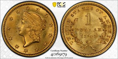1849 G$1 Open Wreath MS64+