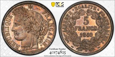 1849-A 5 Fr Gad-719 Cérès-main chien F-327 MS65