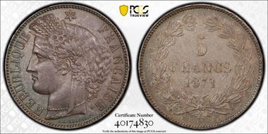 1871-K 5 Fr Gad-742 F-332 Cérès 3 Feuilles AU58