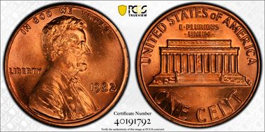 1982 1C Zinc, Large Date MS67RD