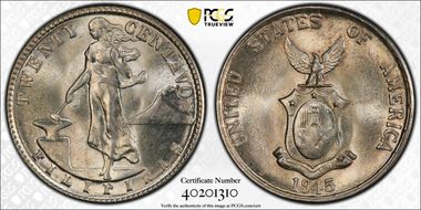1945-D 20C KM-182  Ag MS65