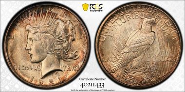 1921 $1 High Relief, Peace MS65
