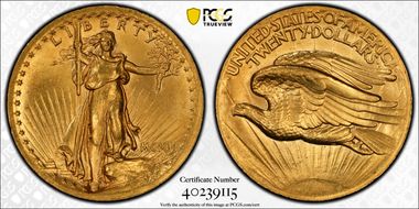 1907 $20 High Relief, Wire Edge MS63