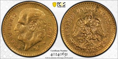 1920-M 5 Peso KM-464  Au XF40