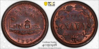 1864 Token F-241/336a Copper Monitor MS65RB