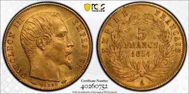 1854-A 5 Fr Gad-1000 Tranche lisse F-500 Au MS63