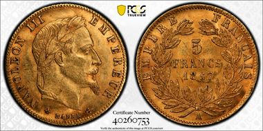 1867-A 5 Fr Gad-1002 F-502 Or MS62