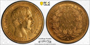 1854-A 10 Fr Gad-1013 Tranche lisse petit A AU55