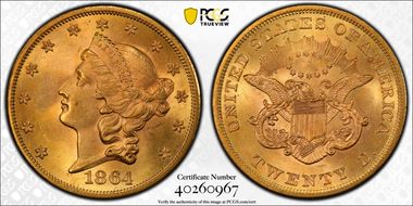 1864 $20 MS63+
