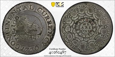 1776 $1 Continental Currency Pewter MS62+