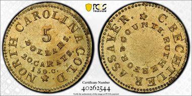 (1831-34) $5 C. Bechtler, Assayer, with 150.G. MS61