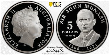 2018 $5 Sir John Monash PR69DCAM