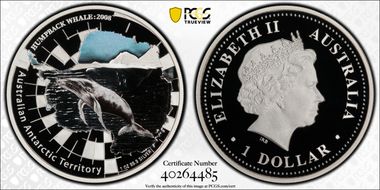 2008-P $1 Humpback Whale Antarctic Territory PR70DCAM