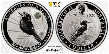2020-P $1 Kookaburra Ag 30th Anniv. Colorized Kangaroo Paw Privy MS70