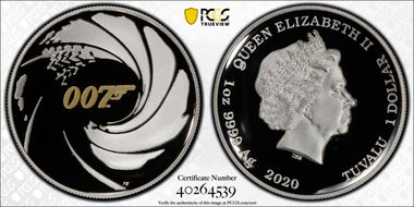 2020 $1 James Bond 007 High Relief, Selective Gilt PR69DCAM