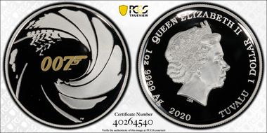 2020 $1 James Bond 007 High Relief, Selective Gilt PR70DCAM