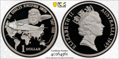 1997 $1 Kingsford Smith Sm Head Ag PR70DCAM