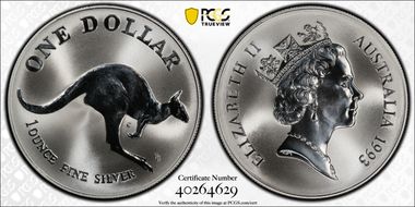 1993-C $1 Kangaroo Ag Reeded Edge MS70