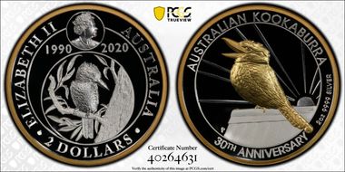 2020-P $2 Kookaburra 30th Anniversary High Relief Partial Gilt PR70DCAM