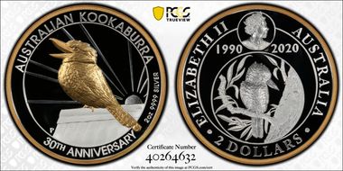 2020-P $2 Kookaburra 30th Anniversary High Relief Partial Gilt PR70DCAM