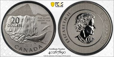 2013 $20 Iceberg and Whale .9999 Silver SP68