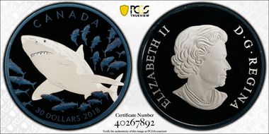 2018 $30 Great White Shark  Rhodium Plated PR69DCAM